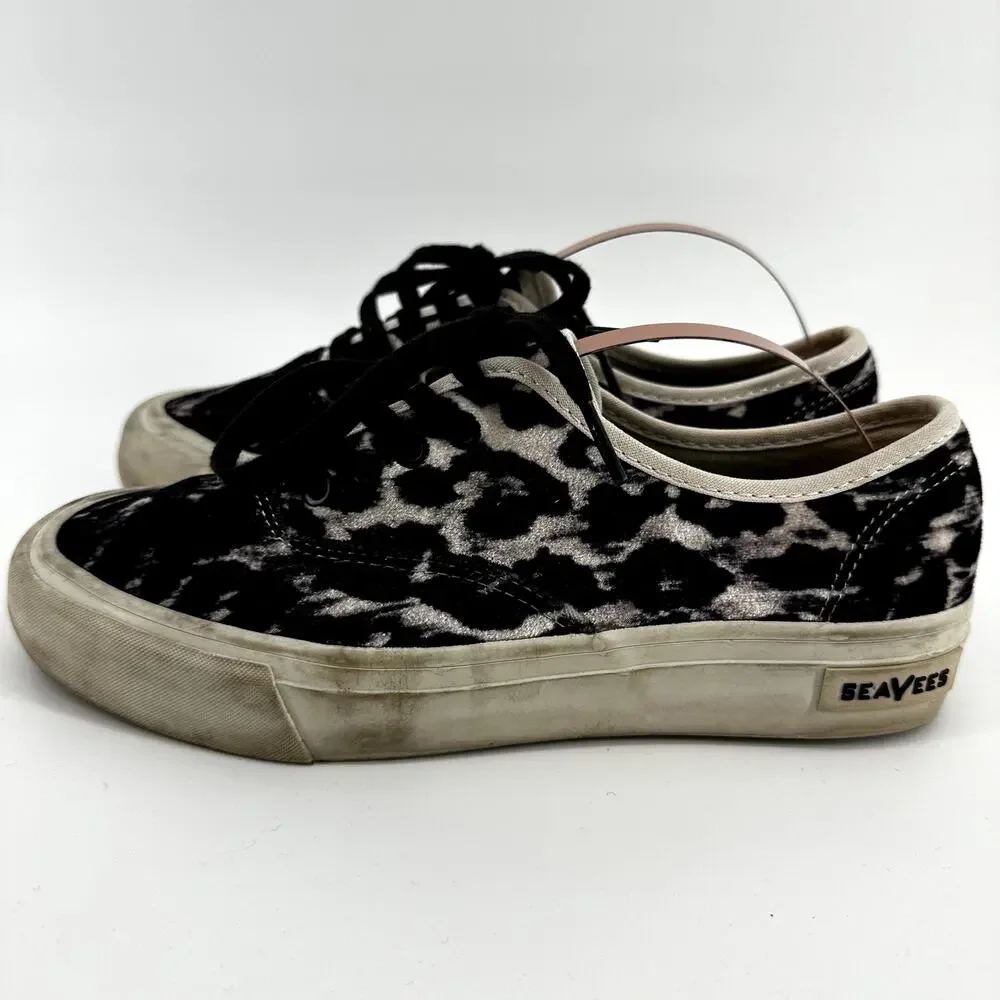 J. Crew Seavees Legend Velvet Sneakers Lace Up Platform Black Leopard 7